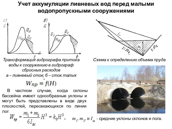 Учет аккумуляции ливневых вод перед малыми водопропускными сооружениями Трансформация гидрографа