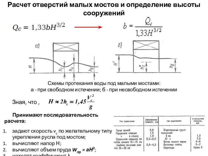 Расчет отверстий малых мостов и определение высоты сооружений Принимают последовательность