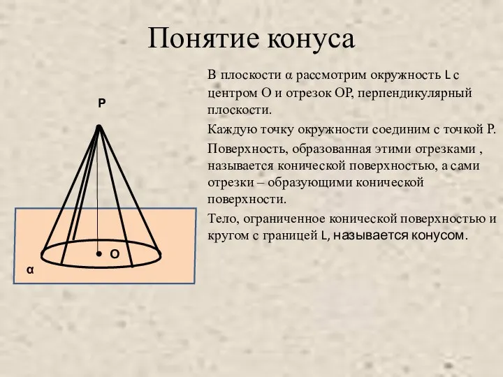 Понятие конуса В плоскости α рассмотрим окружность L с центром