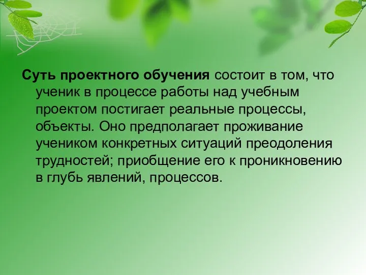 Суть проектного обучения состоит в том, что ученик в процессе работы над учебным