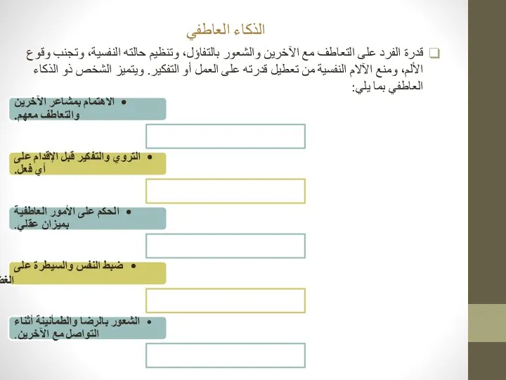 الذكاء العاطفي قدرة الفرد على التعاطف مع الآخرين والشعور بالتفاؤل،