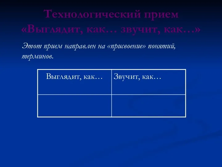 Технологический прием «Выглядит, как… звучит, как…» Этот прием направлен на «присвоение» понятий, терминов.