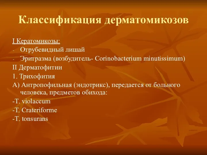 Классификация дерматомикозов I Кератомикозы: Отрубевидный лишай Эритразма (возбудитель- Corinobacterium minutissimum)