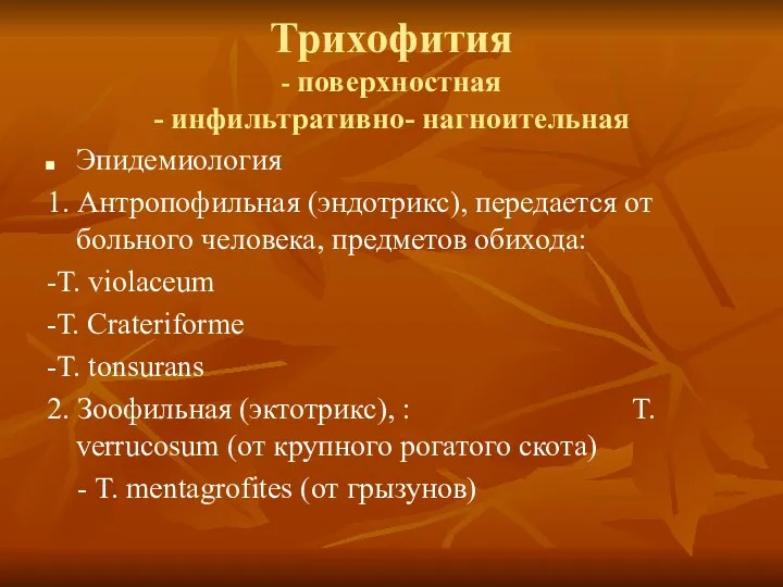 Трихофития - поверхностная - инфильтративно- нагноительная Эпидемиология 1. Антропофильная (эндотрикс),