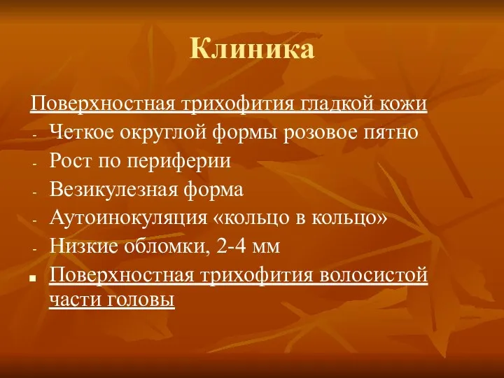 Клиника Поверхностная трихофития гладкой кожи Четкое округлой формы розовое пятно