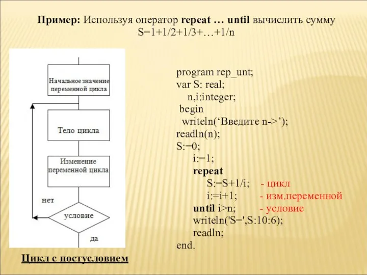 Цикл с постусловием program rep_unt; var S: real; n,i:integer; begin writeln(‘Введите n->’); readln(n);