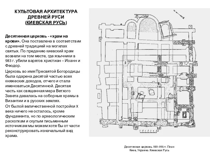 КУЛЬТОВАЯ АРХИТЕКТУРА ДРЕВНЕЙ РУСИ (КИЕВСКАЯ РУСЬ) Десятинная церковь - «храм