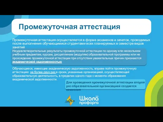 Промежуточная аттестация Промежуточная аттестация осуществляется в форме экзаменов и зачетов,