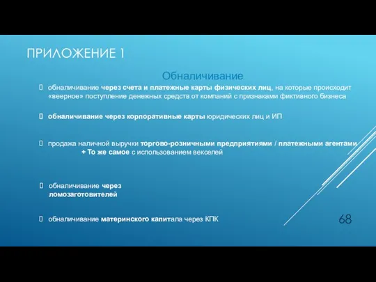 ПРИЛОЖЕНИЕ 1 Обналичивание обналичивание через счета и платежные карты физических