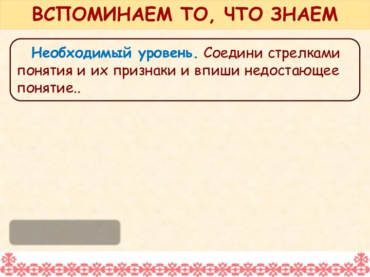 Необходимый уровень. Соедини стрелками понятия и их признаки и впиши