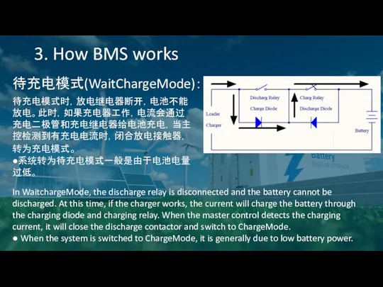 3. How BMS works 待充电模式(WaitChargeMode)： 待充电模式时，放电继电器断开，电池不能放电。此时，如果充电器工作，电流会通过充电二极管和充电继电器给电池充电，当主控检测到有充电电流时，闭合放电接触器，转为充电模式。 ●系统转为待充电模式一般是由于电池电量过低。 In WaitchargeMode, the discharge relay is