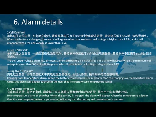 6. Alarm details 1.Cell Over Volt 单体电压过压告警，在电池充电时，最高单体电压大于3.55V时会出现该告警，单体电压低于3.5V时，该告警消失。 When the battery is charging, the