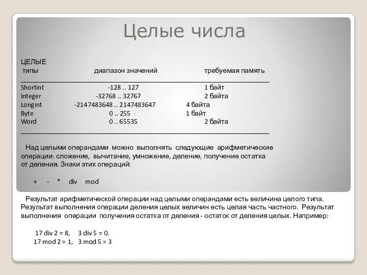 Целые числа ЦЕЛЫЕ типы диапазон значений требуемая память ______________________________________________________________________ Shortint