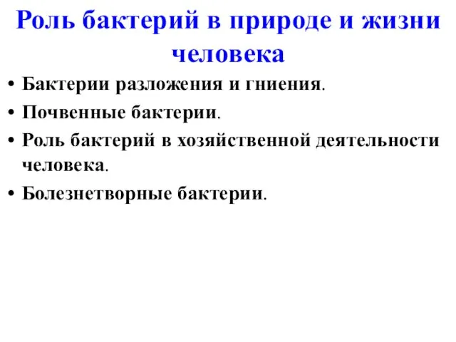 Роль бактерий в природе и жизни человека Бактерии разложения и гниения. Почвенные бактерии.