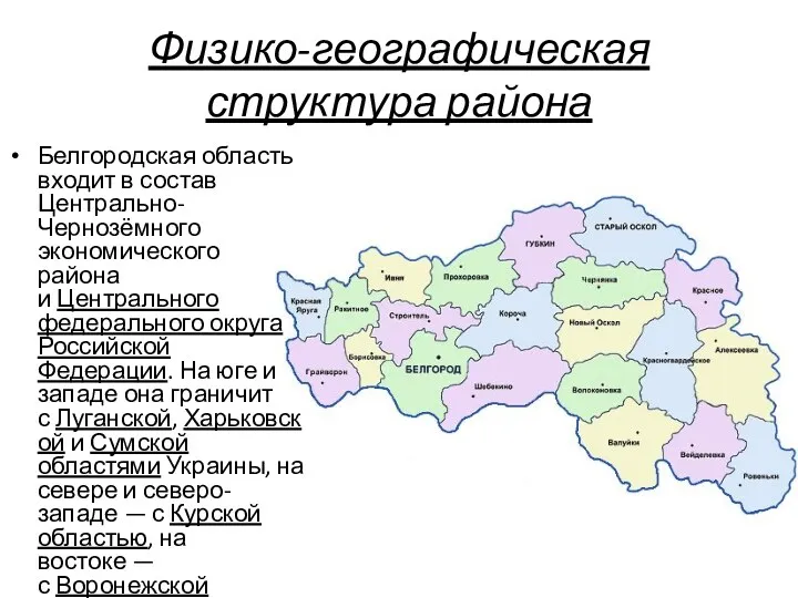 Физико-географическая структура района Белгородская область входит в состав Центрально-Чернозёмного экономического