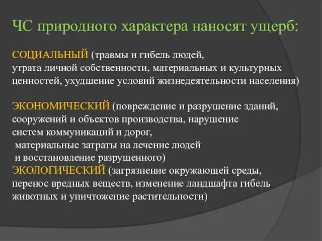 ЧС природного характера наносят ущерб: СОЦИАЛЬНЫЙ (травмы и гибель людей,