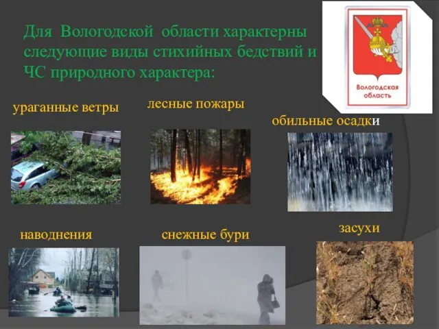 Для Вологодской области характерны следующие виды стихийных бедствий и ЧС природного характера: ураганные