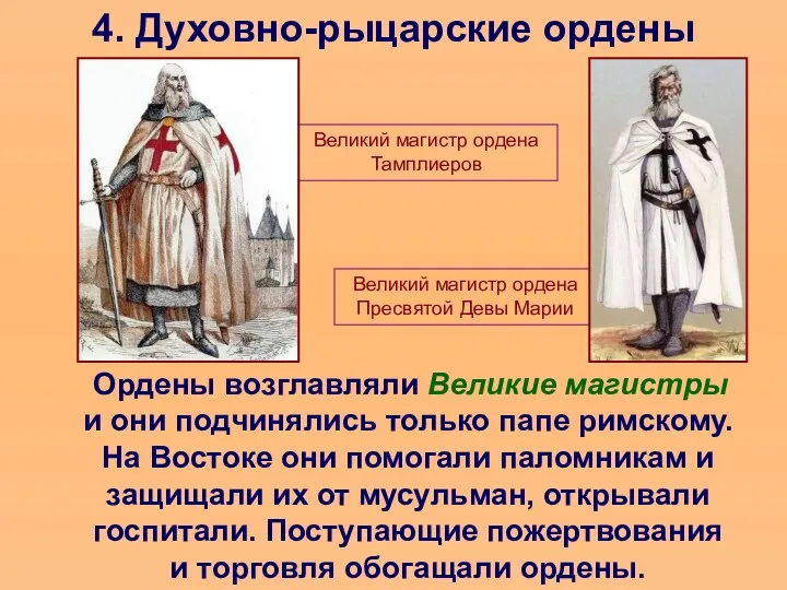 4. Духовно-рыцарские ордены Ордены возглавляли Великие магистры и они подчинялись