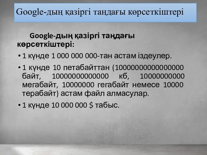 Google-дың қазіргі таңдағы көрсеткіштері Google-дың қазіргі таңдағы көрсеткіштері: 1 күнде