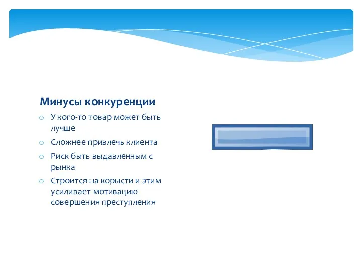 У кого-то товар может быть лучше Сложнее привлечь клиента Риск быть выдавленным с