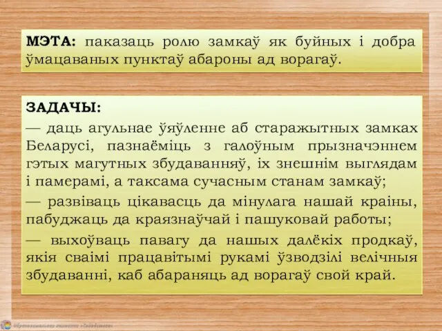 МЭТА: паказаць ролю замкаў як буйных і добра ўмацаваных пунктаў