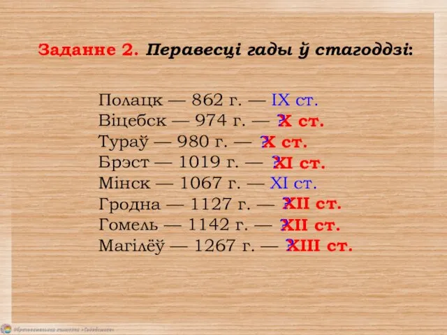 Заданне 2. Перавесці гады ў стагоддзі: Полацк — 862 г.