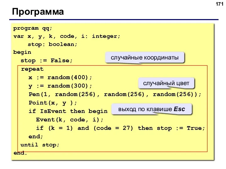 Программа program qq; var x, y, k, code, i: integer;