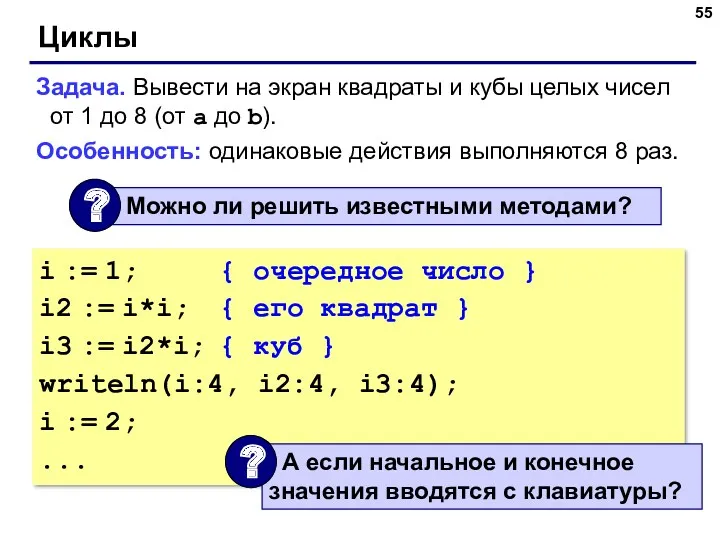 Циклы Задача. Вывести на экран квадраты и кубы целых чисел