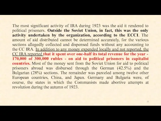 The most significant activity of IRA during 1923 was the aid it rendered