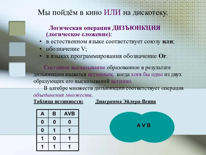 Мы пойдём в кино ИЛИ на дискотеку. Логическая операция ДИЗЪЮНКЦИЯ