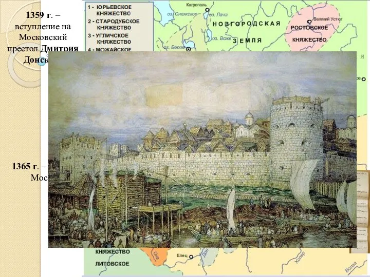 1359 г. – вступление на Московский престол Дмитрия Донского 1365 г. – пожар в Москве