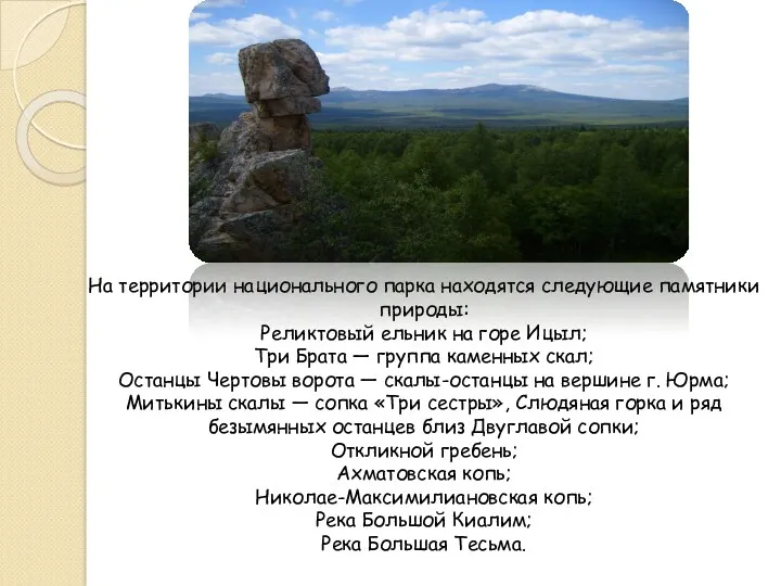 На территории национального парка находятся следующие памятники природы: Реликтовый ельник