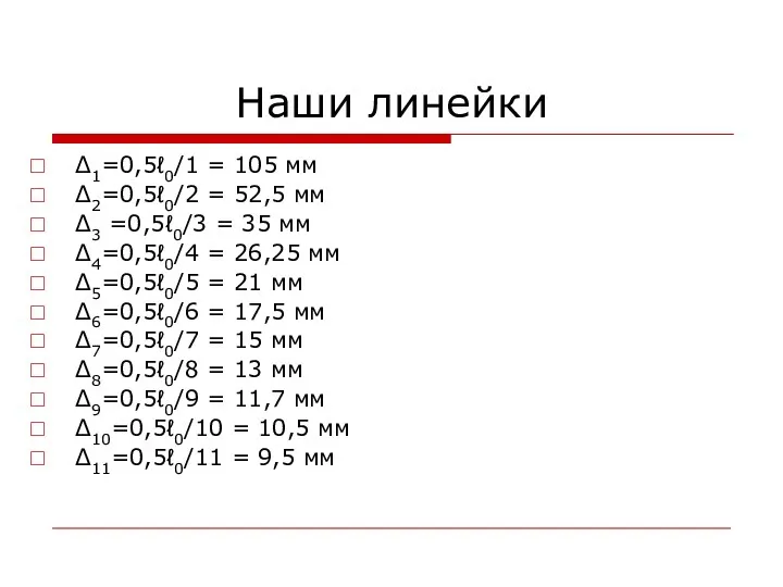 Наши линейки Δ1=0,5ℓ0/1 = 105 мм Δ2=0,5ℓ0/2 = 52,5 мм