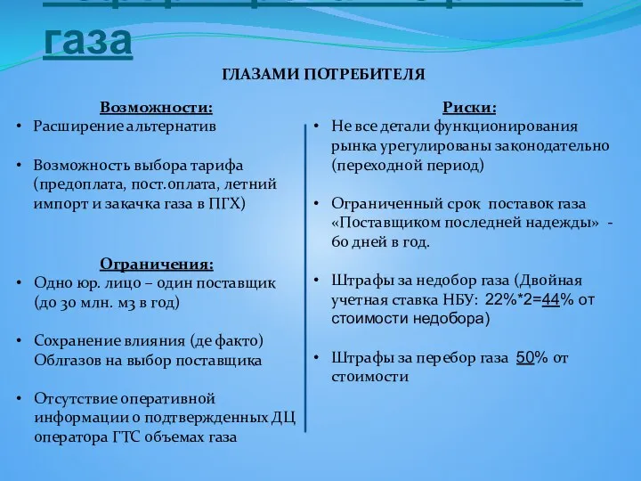 Реформирование рынка газа ГЛАЗАМИ ПОТРЕБИТЕЛЯ Возможности: Расширение альтернатив Возможность выбора