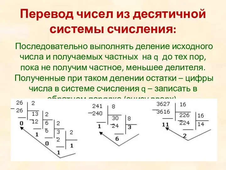 Последовательно выполнять деление исходного числа и получаемых частных на q до тех пор,