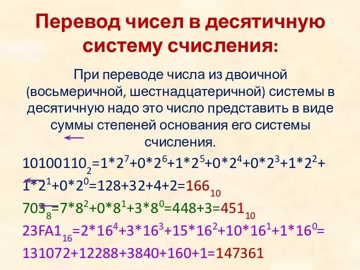 Перевод чисел в десятичную систему счисления: При переводе числа из двоичной (восьмеричной, шестнадцатеричной)