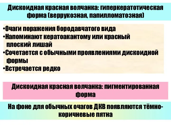 Дискоидная красная волчанка: гиперкератотическая форма (веррукозная, папилломатозная) Очаги поражения бородавчатого