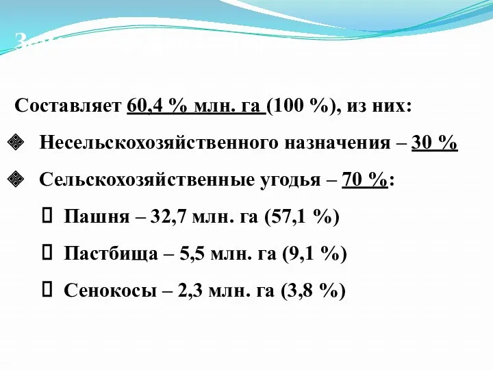 Cоставляет 60,4 % млн. га (100 %), из них: Несельскохозяйственного