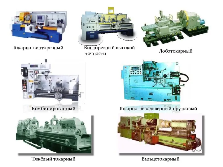 Токарно-винторезный Винторезный высокой точности Лоботокарный Комбинированный Токарно-револьверный прутковый Тяжёлый токарный Вальцетокарный