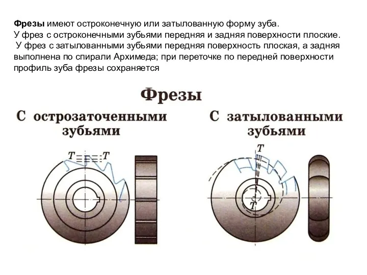 Фрезы имеют остроконечную или затылованную форму зуба. У фрез с