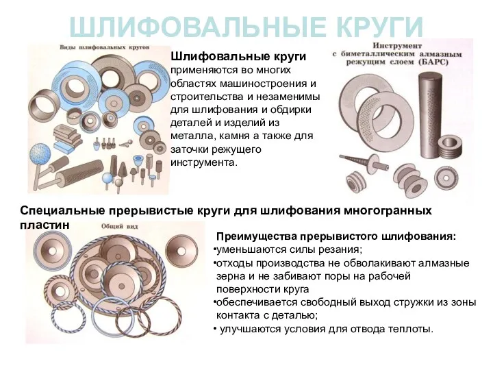 ШЛИФОВАЛЬНЫЕ КРУГИ Шлифовальные круги применяются во многих областях машиностроения и