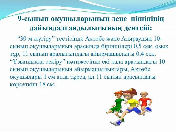 9-сынып оқушыларының дене пішінінің дайындалғандылығының денгейі: “30 м жүгіру” тестісінде