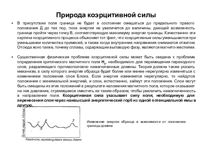 Природа коэрцитивной силы Изменение энергии образца в зависимости от положения