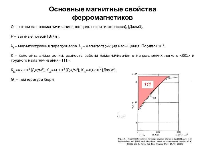 Основные магнитные свойства ферромагнетиков Q – потери на перемагничивание (площадь