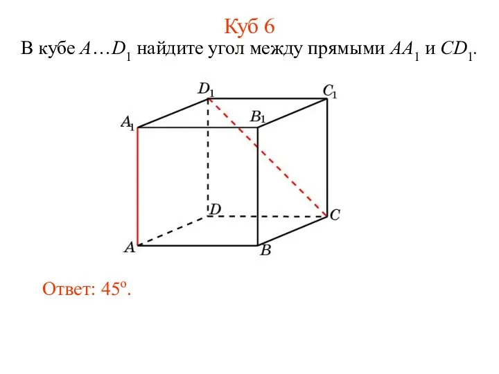 В кубе A…D1 найдите угол между прямыми AA1 и CD1. Ответ: 45o. Куб 6