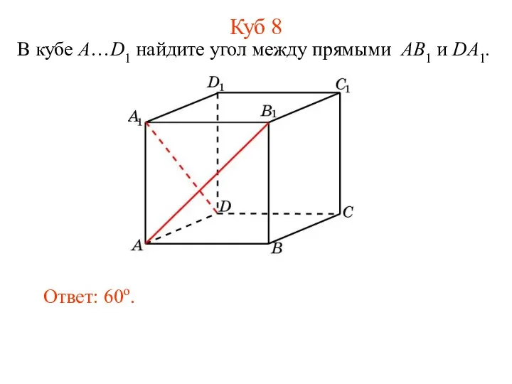 В кубе A…D1 найдите угол между прямыми AB1 и DA1. Ответ: 60o. Куб 8