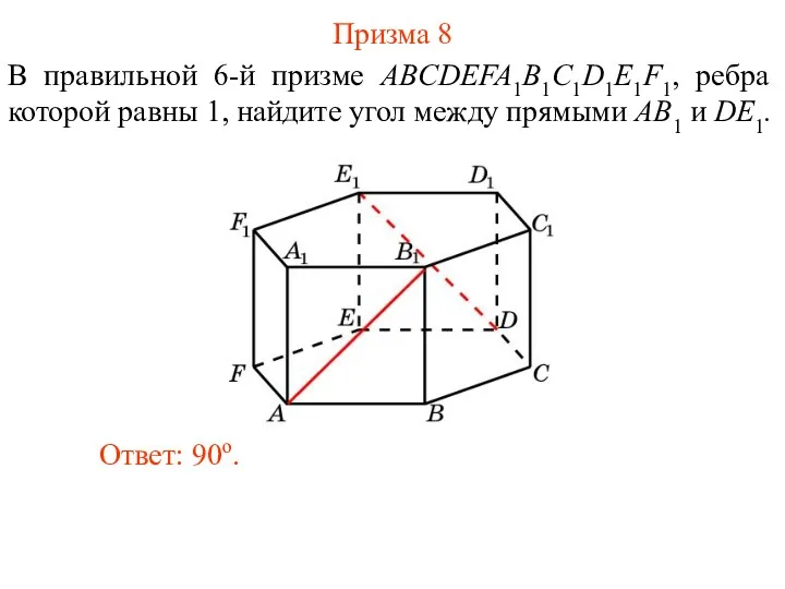 В правильной 6-й призме ABCDEFA1B1C1D1E1F1, ребра которой равны 1, найдите