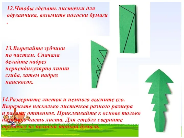 12.Чтобы сделать листочки для одуванчика, возьмите полоски бумаги . 13.Вырезайте