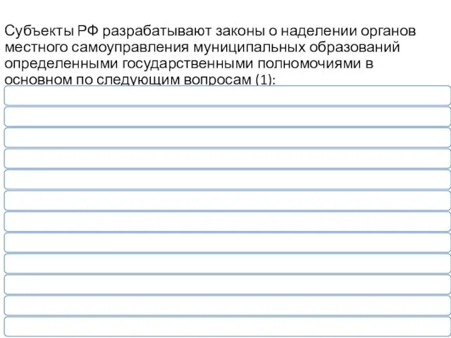 Субъекты РФ разрабатывают законы о наделении органов местного самоуправления муниципальных образований определенными государственными