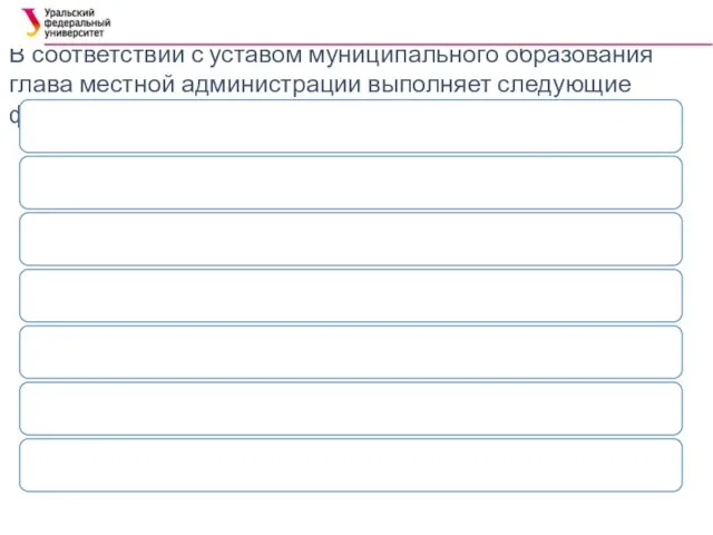 В соответствии с уставом муниципального образования глава местной администрации выполняет следующие функции: